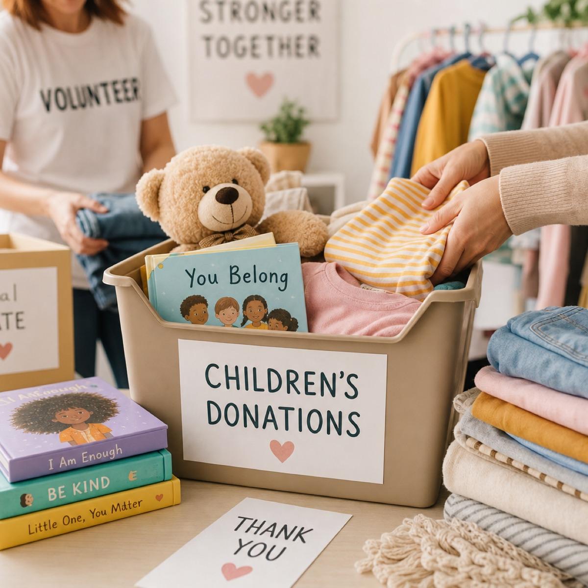 Donated children's clothing, books, and toys sorted for the Collective Kids Closet